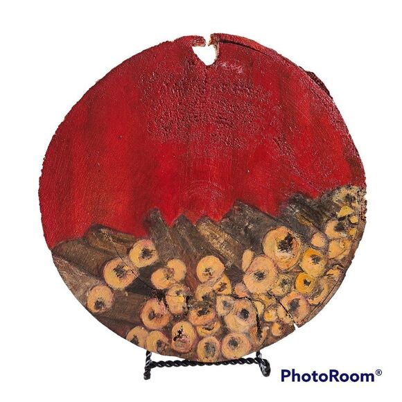 Stacked Wood Painted On 7.25" Wood Disc - Abstract Art - Yellow, Red Handpainted - Picture 1 of 15